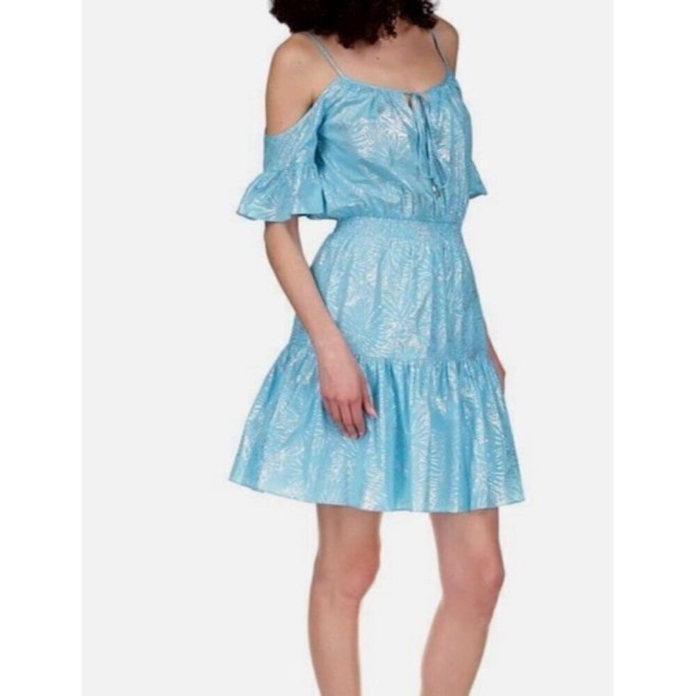 Michael Kors Sz XL Dress Blue Silver Metallic Cold Shoulder Summer Vacation Boho